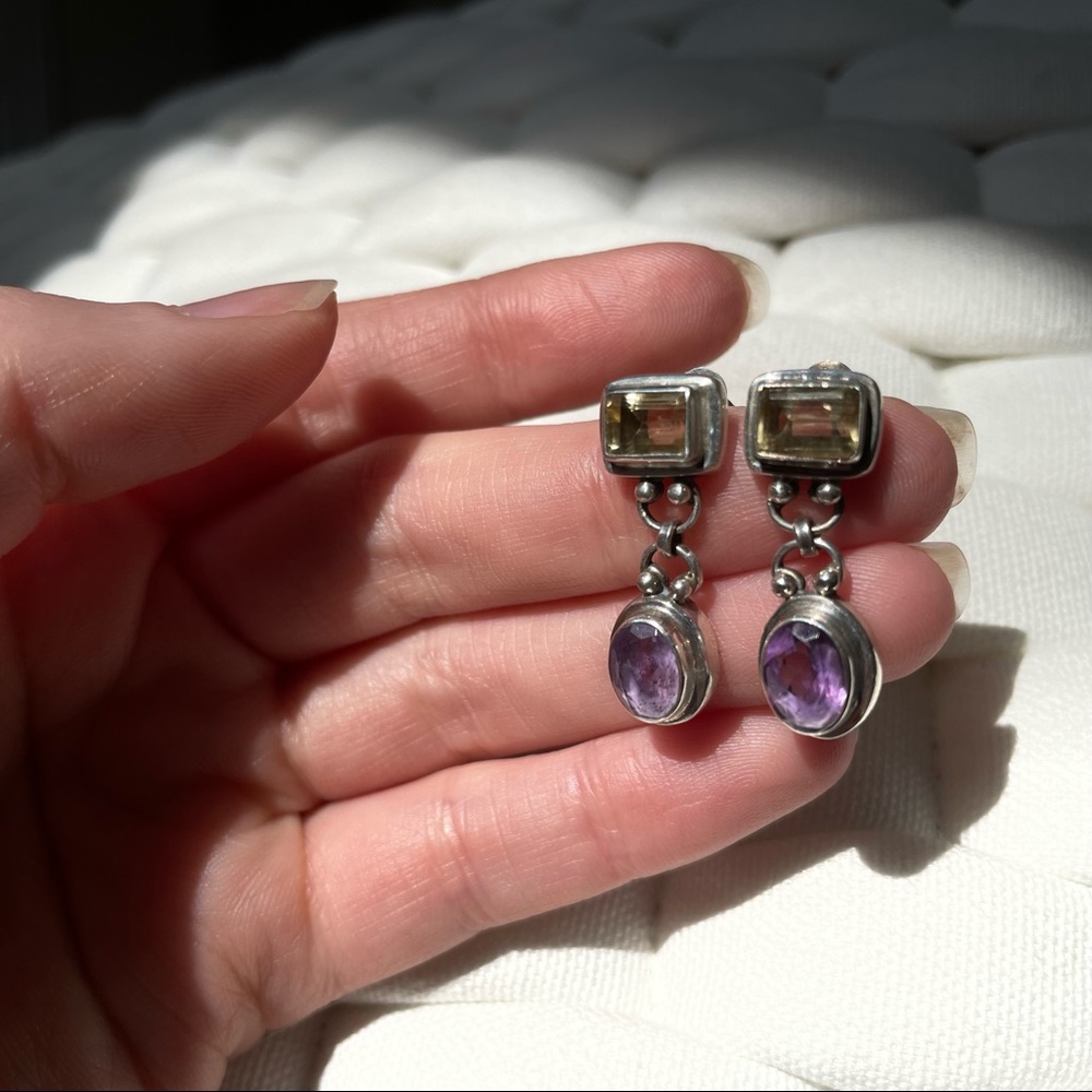 Silver Dangle Earrings with Yellow and Purple Gemstones